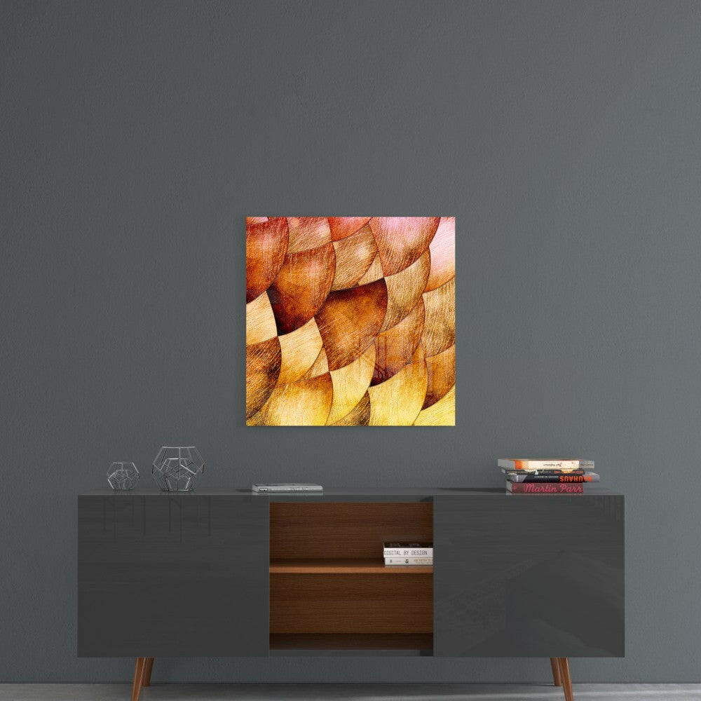 Gold Shells Glass Wall Art displayed on gray wall above wooden mid-century modern console table with geometric decor.