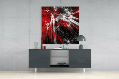 Red White Fractal Burst Glass Wall Art