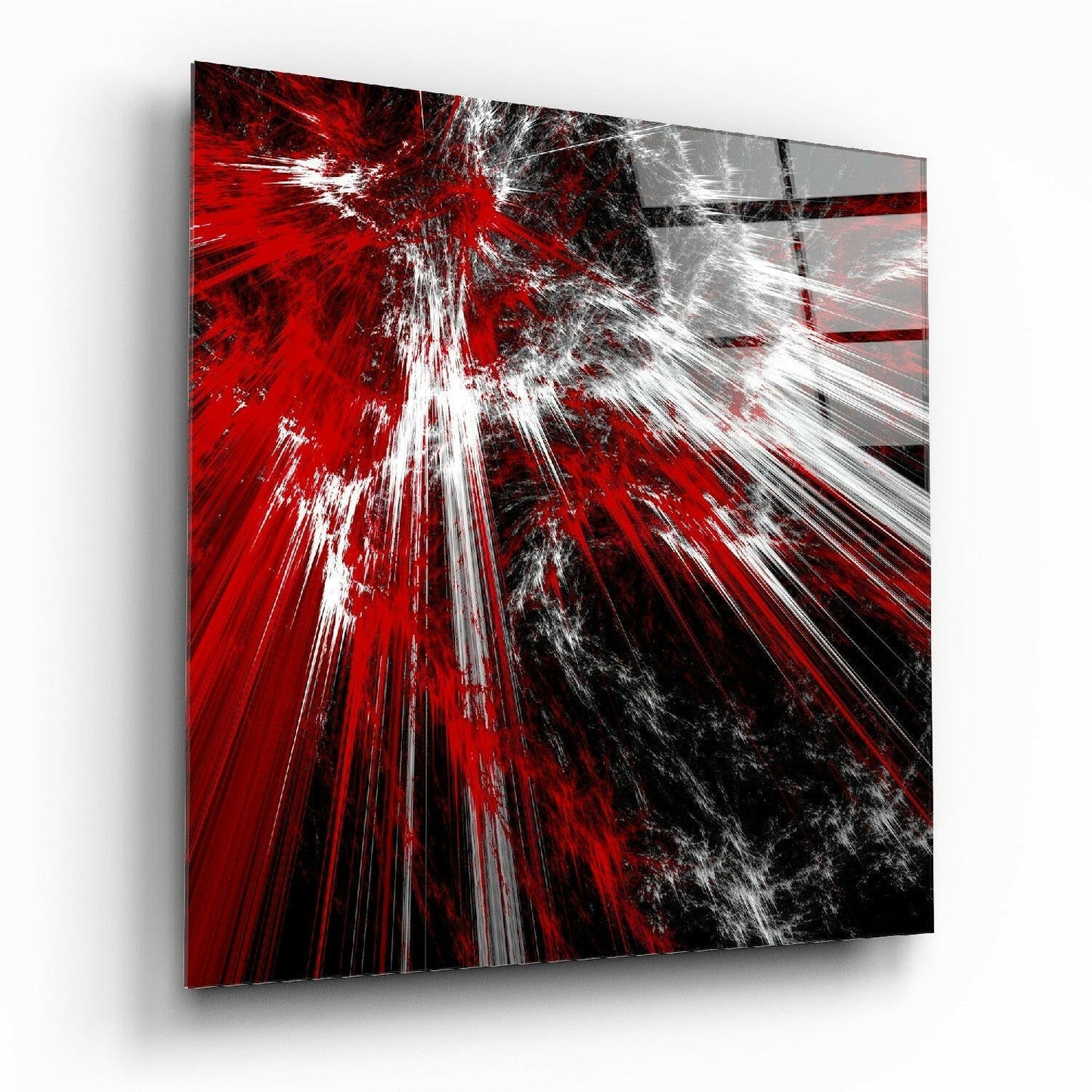 Red White Fractal Burst Glass Wall Art