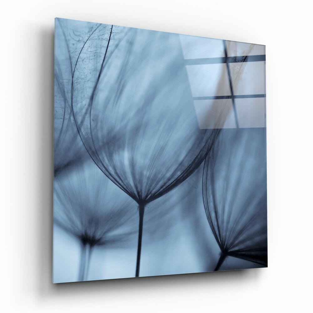 Glass wall art panel displaying translucent dandelion seed heads in soft blue tones with grid pattern overlay, angled perspective view.
