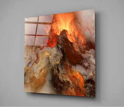Golden Chaos Abstract Glass Wall Art displayed at an angle against gray wall, showing fiery orange and red tones with brown grid pattern overlay.