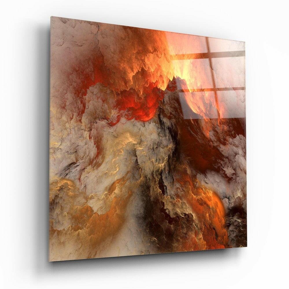 Angled view of square glass wall art featuring swirling orange, red, and cream abstract patterns with metallic grid overlay.