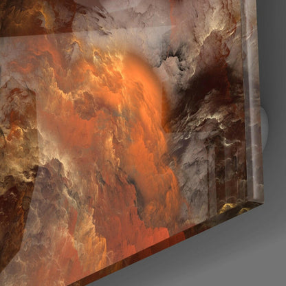 Angled side view of glass wall art displaying swirling orange, gold, and brown abstract patterns with cloudy textures.