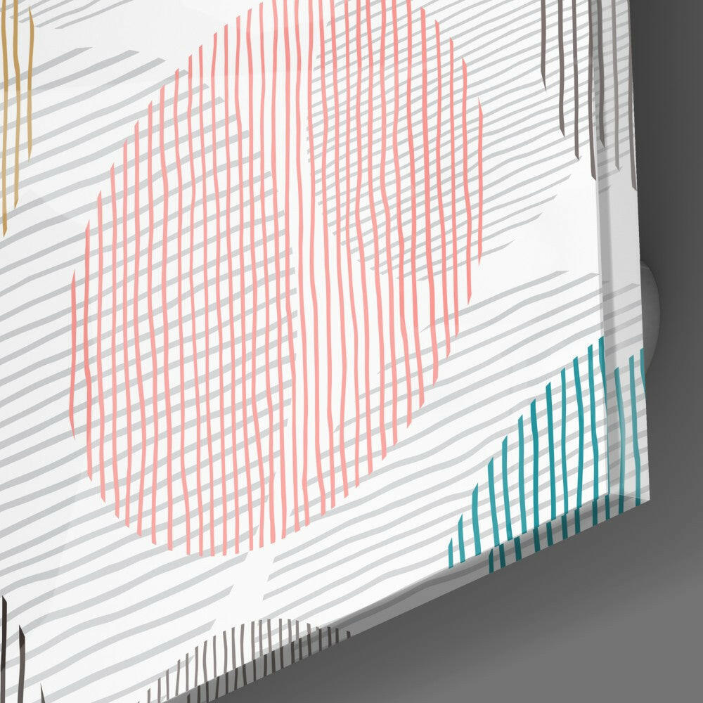 Isometric view of glass wall art with red and teal hatched line patterns on white surface with gray shadow.