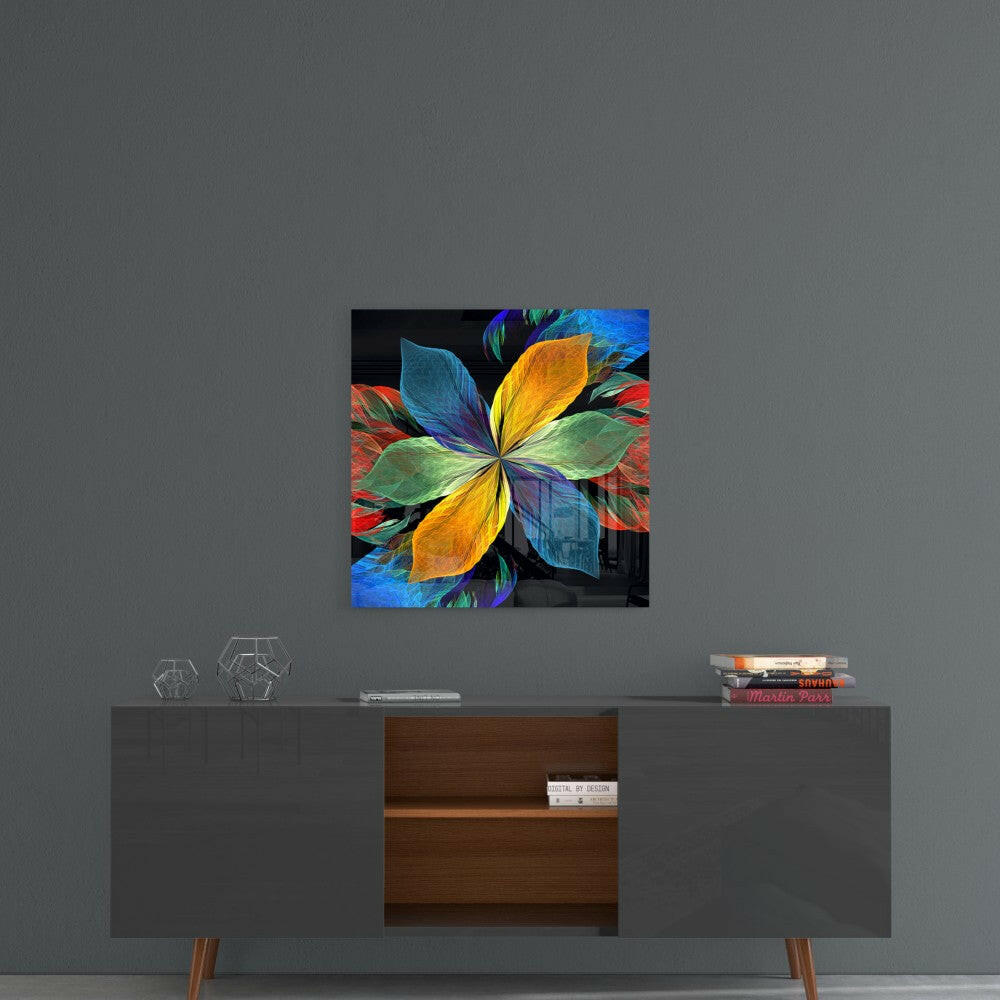 Colorful glass wall art with vibrant yellow, blue, green, and red petals displayed on gray wall above mid-century modern console table.