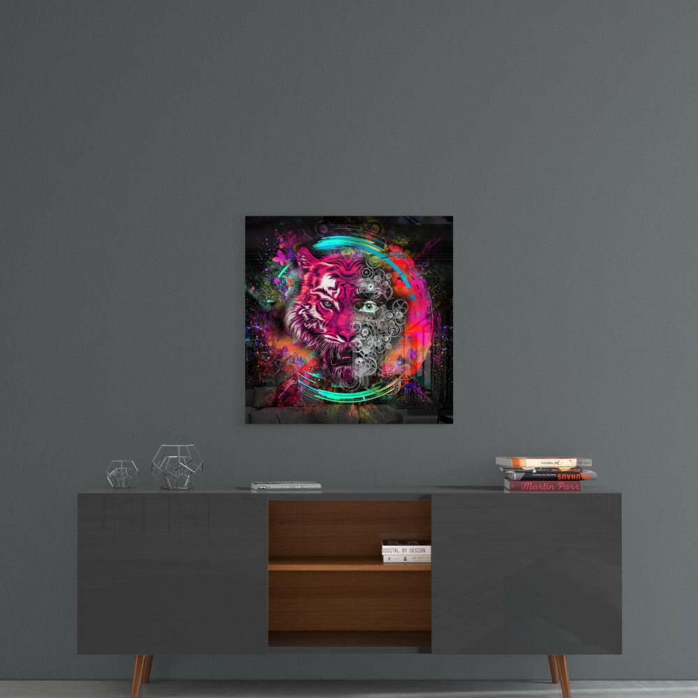 Neon tiger glass wall art with vibrant pink, cyan, and multicolored splatter design displayed above mid-century modern console table.