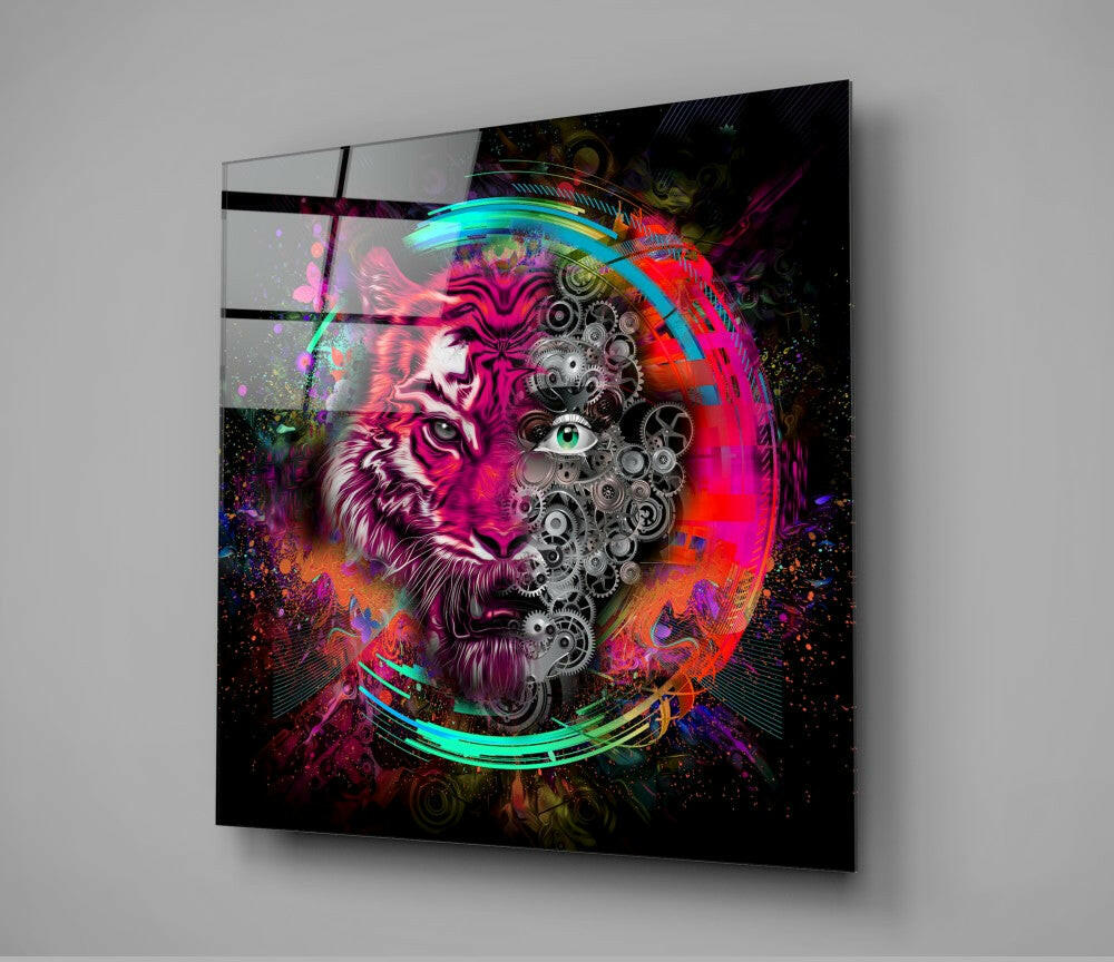 Angled view of glass wall art featuring a vibrant tiger head split between organic fur texture and mechanical gears, surrounded by neon cyan, magenta, and orange glowing effects on black background.