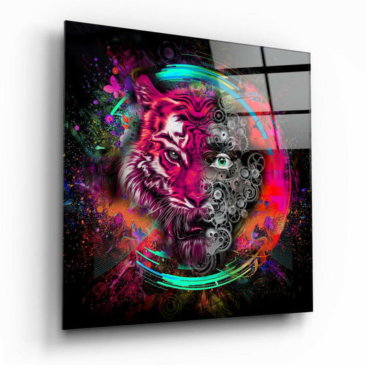 Angled perspective view of a square glass panel displaying a vibrant tiger head with neon pink, cyan, and orange hues against dark background with mechanical gears.
