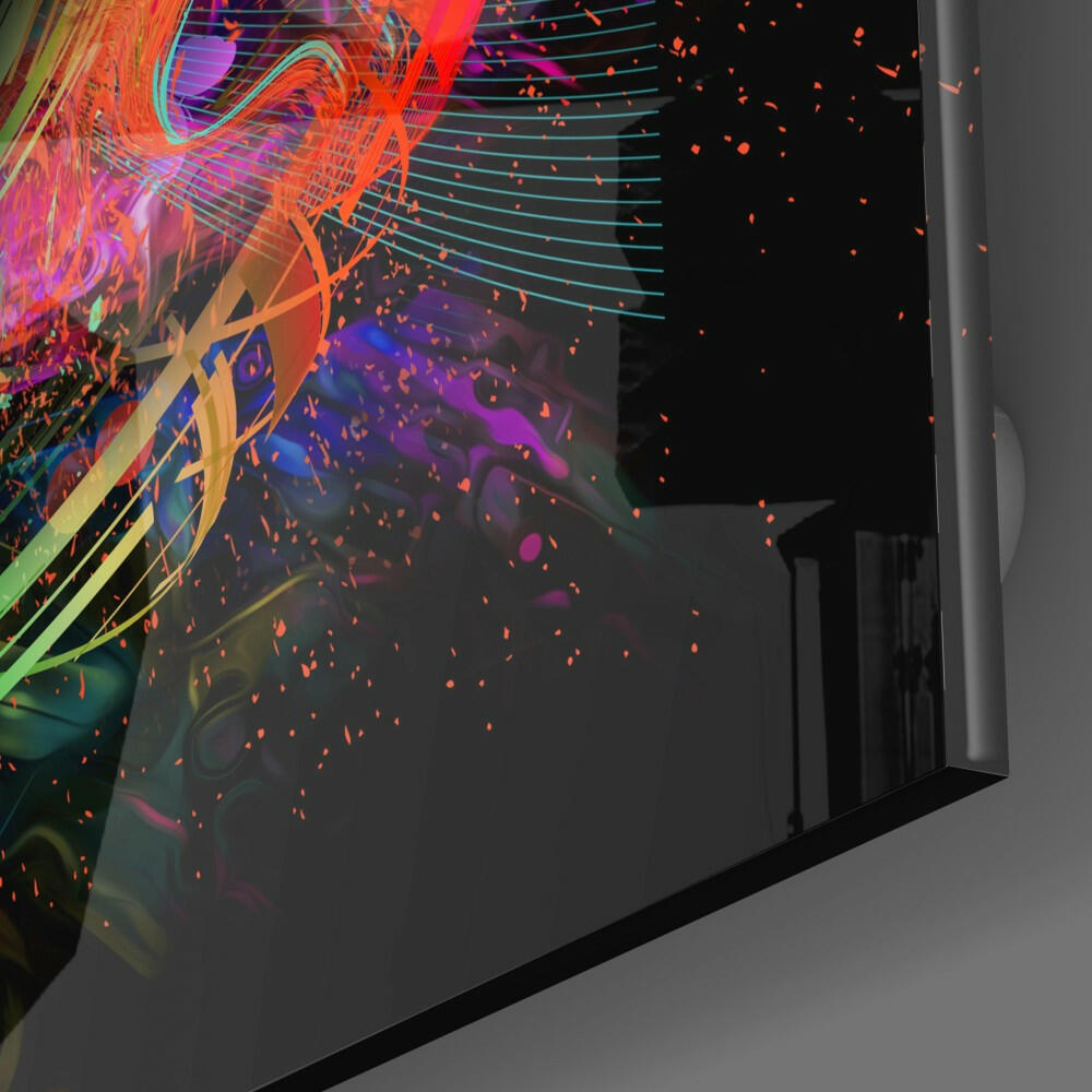 Angled side view of glass wall art displaying vibrant neon abstract design with orange, pink, cyan, and purple flowing patterns and particles.