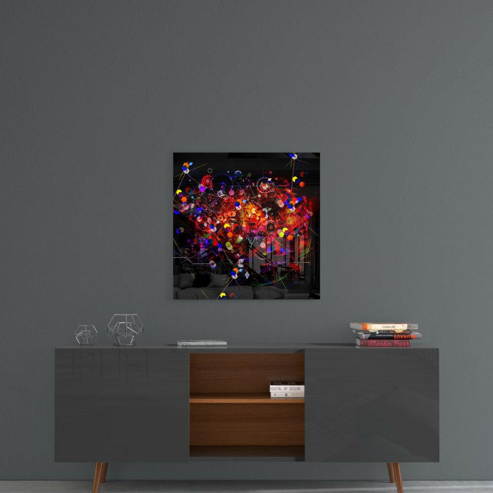 Colorful glass wall art displaying glowing red, blue, and yellow spheres connected by lines, hung above a mid-century modern console table with wooden center drawer.