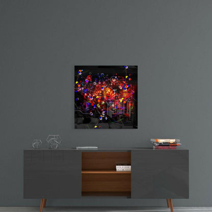 Colorful glass wall art displaying glowing red, blue, and yellow spheres connected by lines, hung above a mid-century modern console table with wooden center drawer.