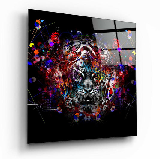 Angled perspective view of a glass wall art panel displaying a colorful geometric tiger head with aviator goggles against black background.