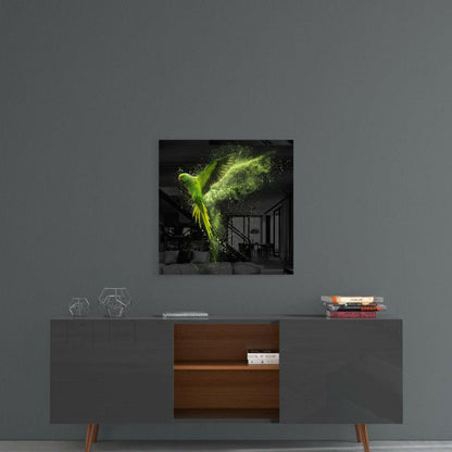 Green Parrot Powder Burst Glass Wall Art