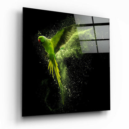 Green Parrot Powder Burst Glass Wall Art