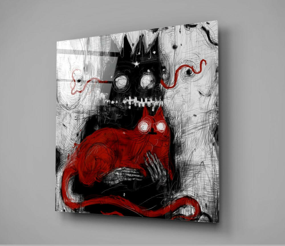 Glass wall art panel displaying black skeletal creature with red tentacles and circular eyes against textured grey and white background.
