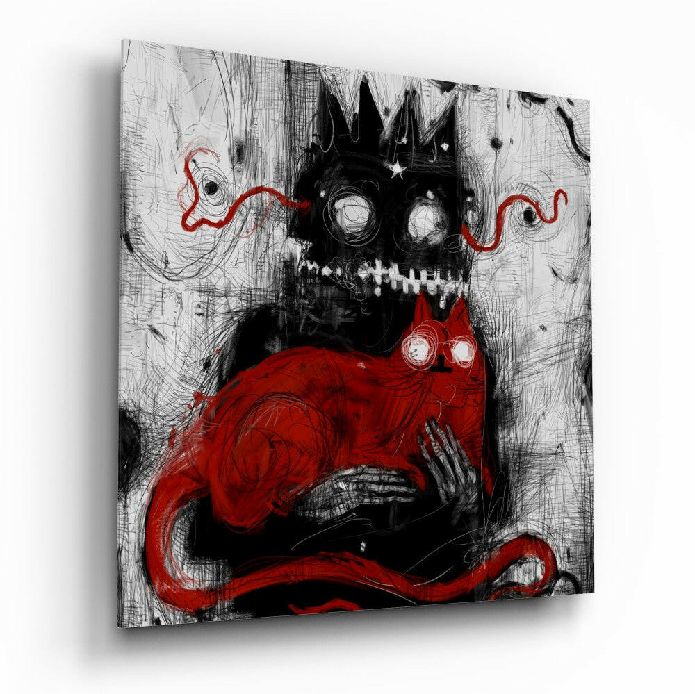 Glass wall art featuring a black skull with crown, red heart-shaped chest, and red tentacles on sketch-textured background.