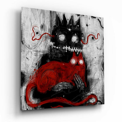 Glass wall art featuring a black skull with crown, red heart-shaped chest, and red tentacles on sketch-textured background.