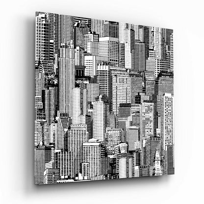 Black and white illustration of densely packed skyscrapers printed on glass panel, displayed at three-quarter angle showing depth and shadow.