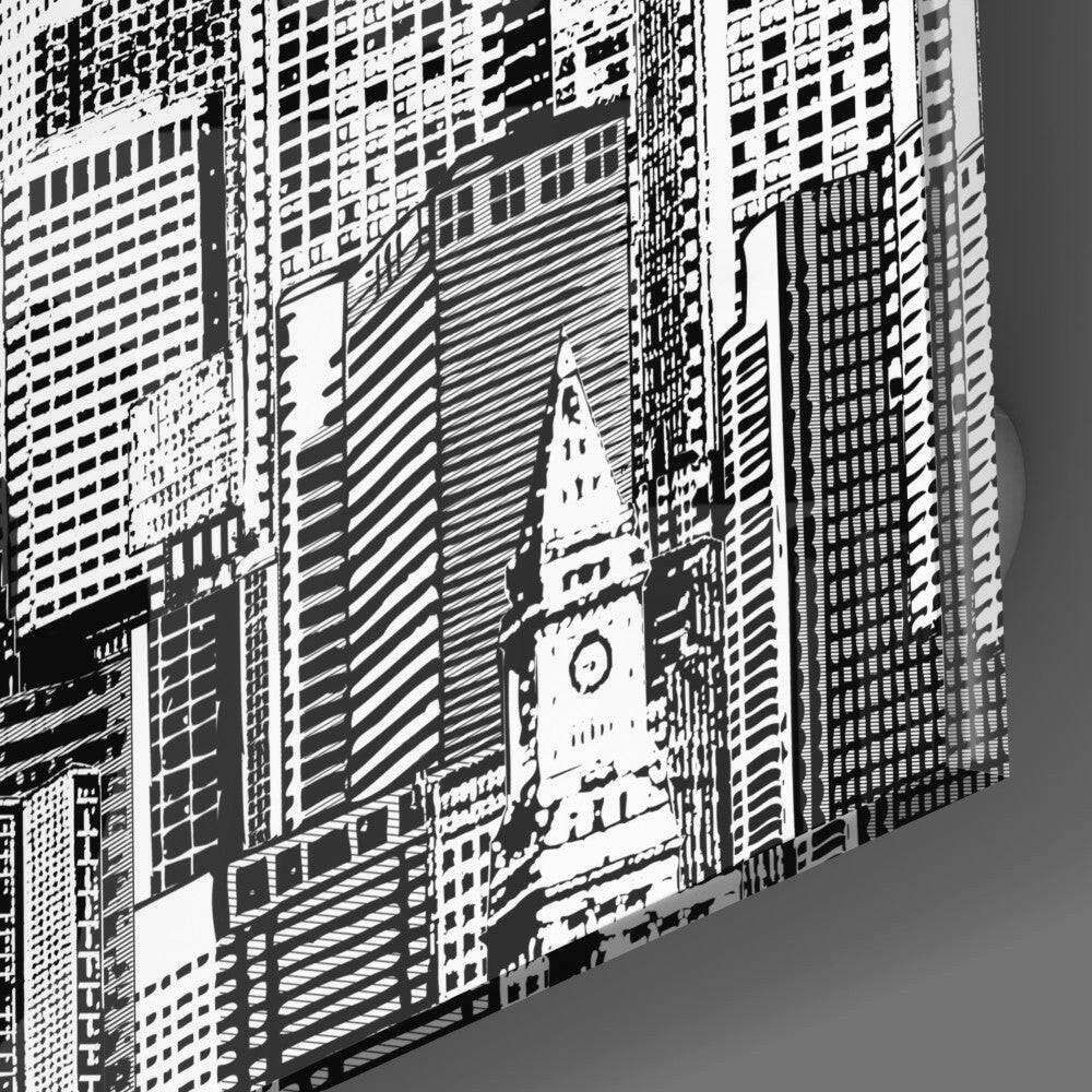 Black and white architectural illustration of downtown skyscrapers framing a clock tower, printed on glass wall art at an angled perspective.