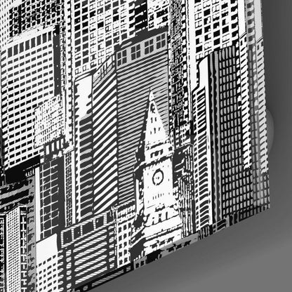 Black and white architectural illustration of downtown skyscrapers framing a clock tower, printed on glass wall art at an angled perspective.