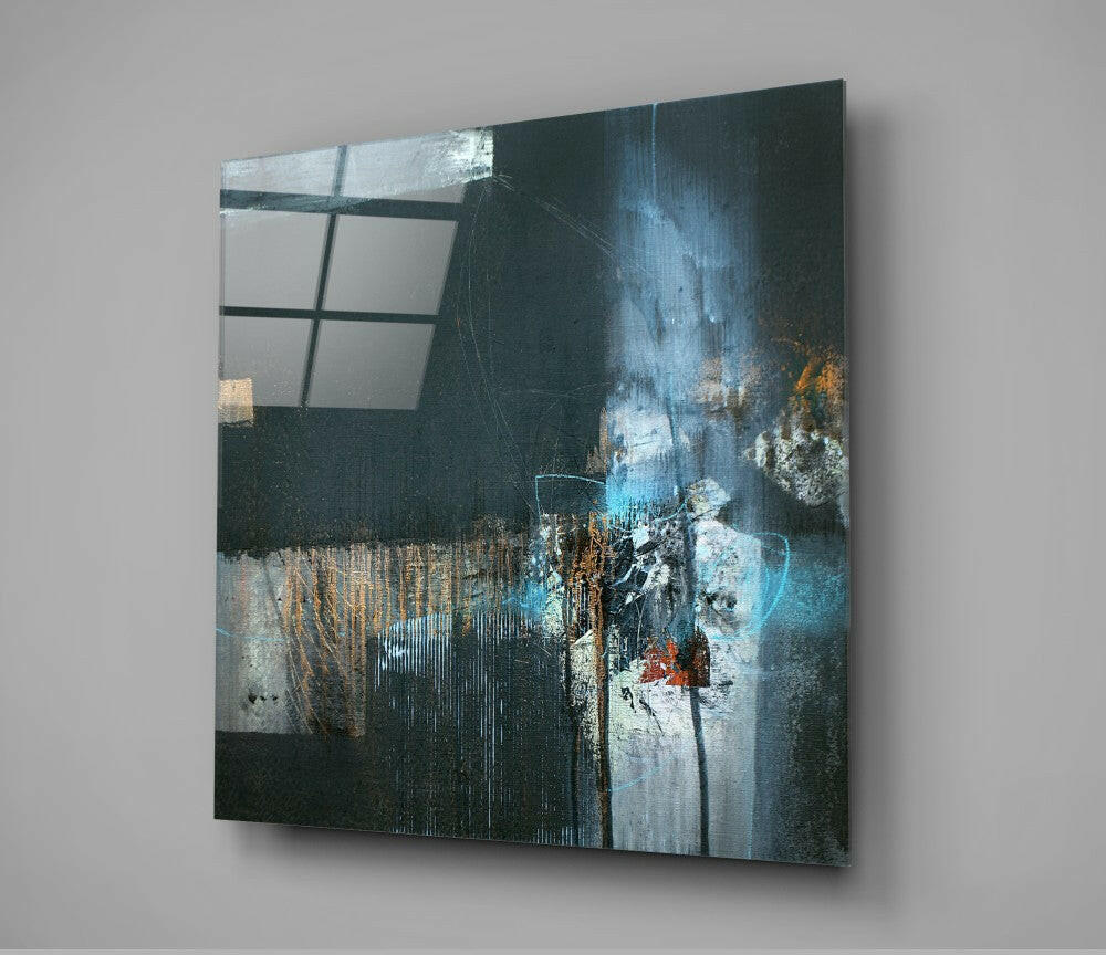 Square glass wall art mounted on gray wall featuring abstract layered composition with dark teal, blue, white, gold, and rust tones with window grid overlay.
