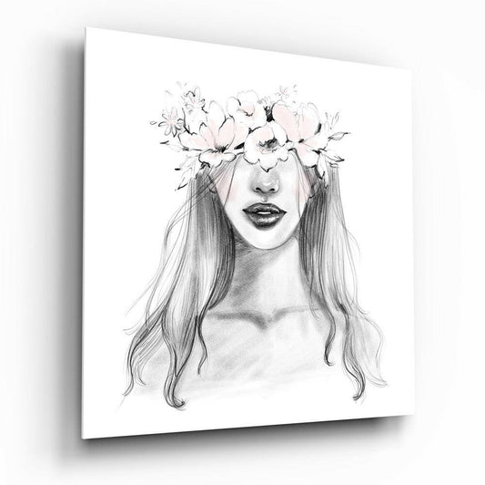 A sketch-style portrait of a woman with long hair wearing a crown of white and pink flowers, displayed on white canvas wall art.