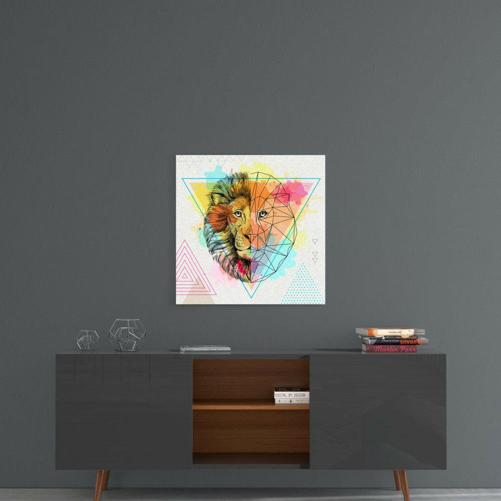 Colorful geometric lion head glass art hanging on gray wall above mid-century modern console table with decorative items.