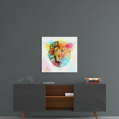 Colorful geometric lion head glass art hanging on gray wall above mid-century modern console table with decorative items.