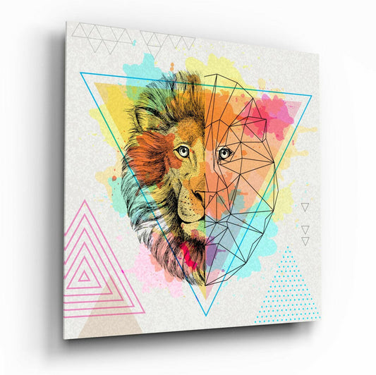 Angled view of glass wall art featuring a colorful lion head with geometric polygonal overlay, watercolor splashes, and triangular design elements on light background.