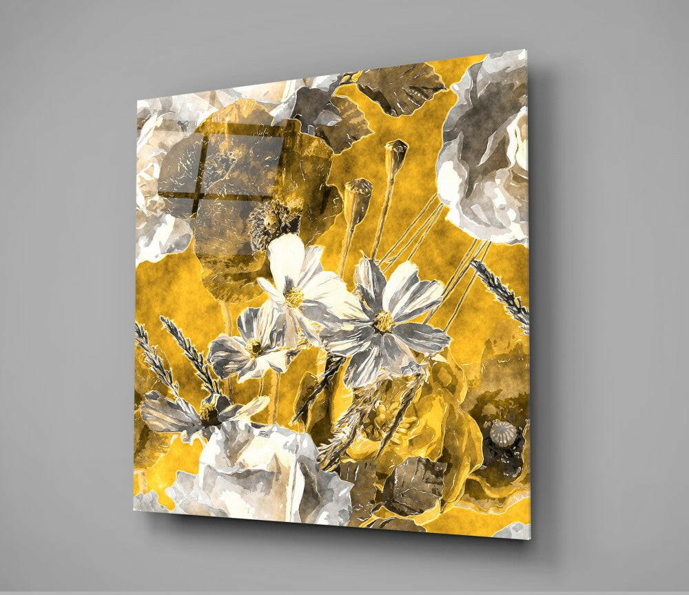 Golden Yellow Poppy And Daisy Bouquet Glass Wall Art