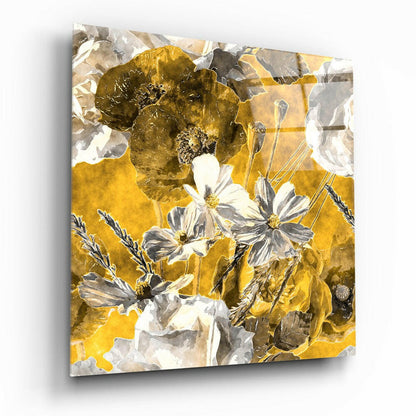 Golden Yellow Poppy And Daisy Bouquet Glass Wall Art