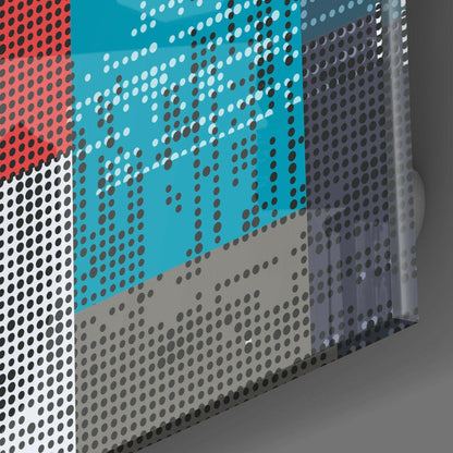 Angled view of layered glass panels with perforated metal sheets in red, turquoise, white, and gray tones.
