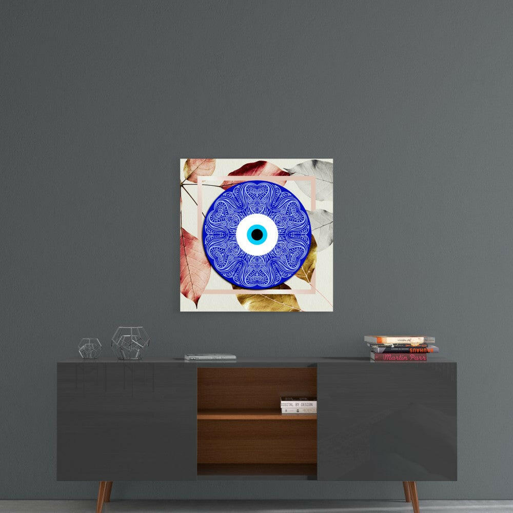 Blue ornamental evil eye glass wall art with intricate patterns displayed above a mid-century modern console table with decorative items.