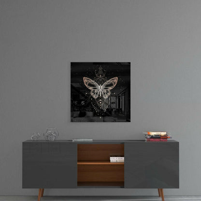 Square glass wall art with golden glowing butterfly design on black background, displayed above mid-century modern console table.