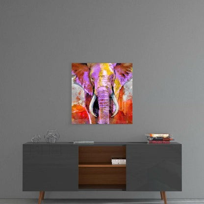 Colorful glass wall art featuring a purple, orange, and yellow elephant head hanging above a dark mid-century modern credenza.