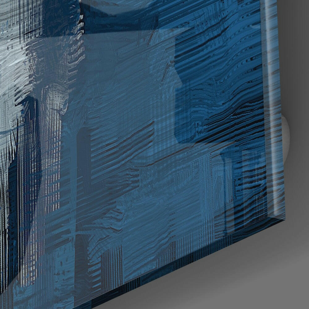 Blue Touch Glass Wall Art displayed at an angled perspective showing layered blue and white striped patterns on translucent glass.