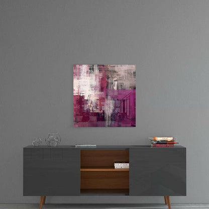 Purple Touch glass wall art hanging above a mid-century modern credenza with geometric decor and stacked books.