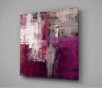 Purple Touch Glass Wall Art displayed at an angle against a gray wall, showing gradient color transitions from white to deep magenta with vertical linear texture patterns.