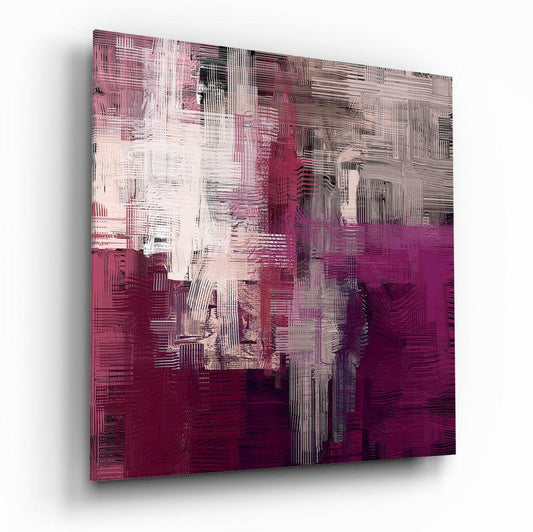 Angled perspective view of purple and pink abstract glass wall art with white vertical streaks and layered texture, displayed against white background.