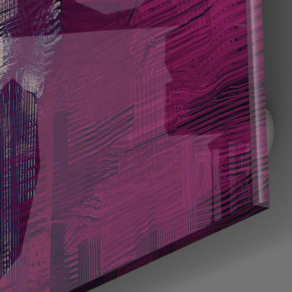 Three-dimensional angled view of purple glass wall art with layered striped patterns and architectural elements, displaying translucent depth against gray background.