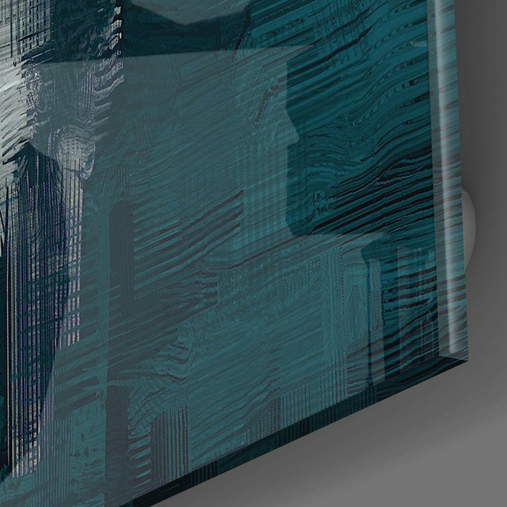 Angled side view of translucent green glass wall art panel showing layered digital patterns and architectural imagery with depth effect.