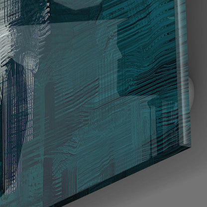 Angled side view of translucent green glass wall art panel showing layered digital patterns and architectural imagery with depth effect.