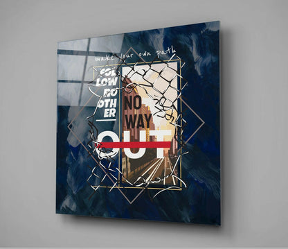 Square glass wall art with dark blue brushstroke background, geometric line drawings, and overlaid text including "make your own path" and "no way" in white and red.