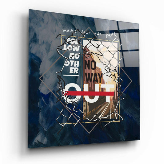 Square glass wall art with blue brushstroke background, geometric gold frames, and overlaid text including "make your own path" and "no way out" with architectural imagery.