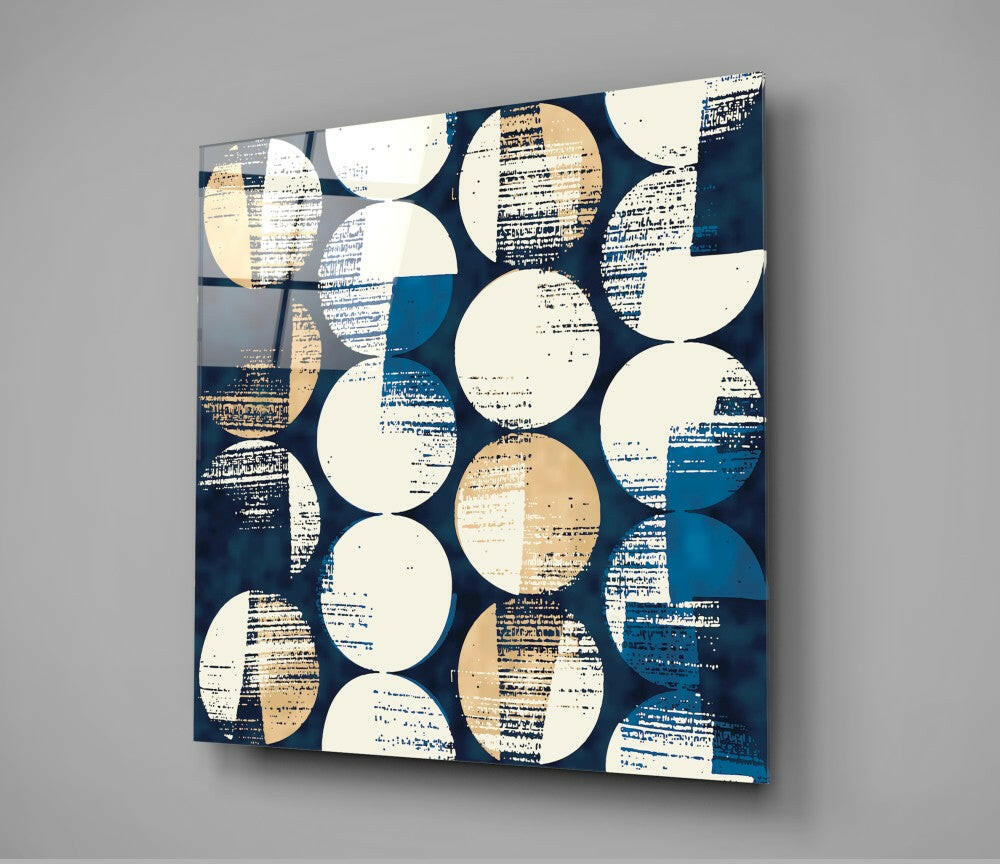 Navy Cream Circles Grid Pattern Glass Wall Art