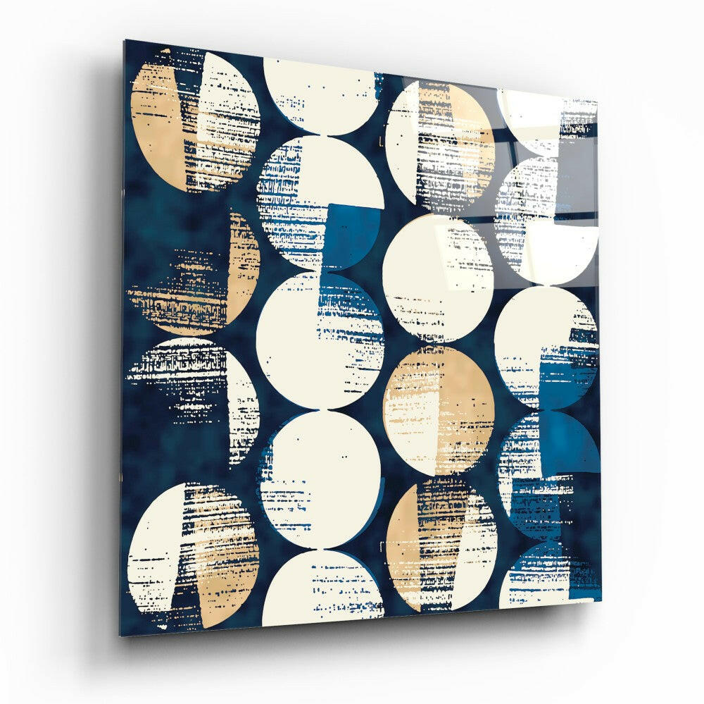 Navy Cream Circles Grid Pattern Glass Wall Art
