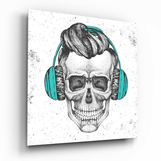 Illustration of a skull wearing turquoise headphones and sunglasses with stylized black hair, on a white speckled background.