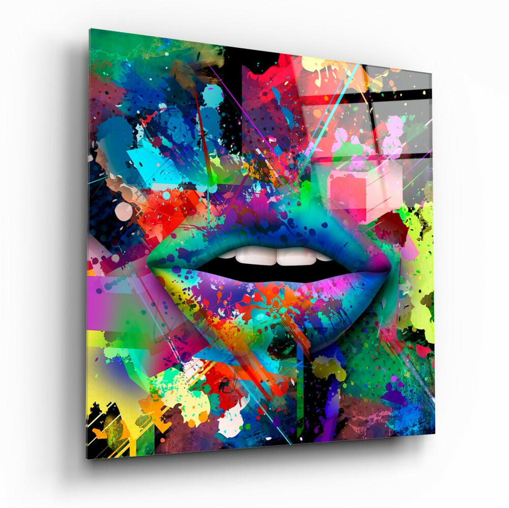 Paint Splatter Rainbow Lips Glass Wall Art