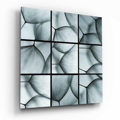 A 3x3 grid glass wall art panel featuring translucent dandelion seed heads in grayscale tones divided by black lines.