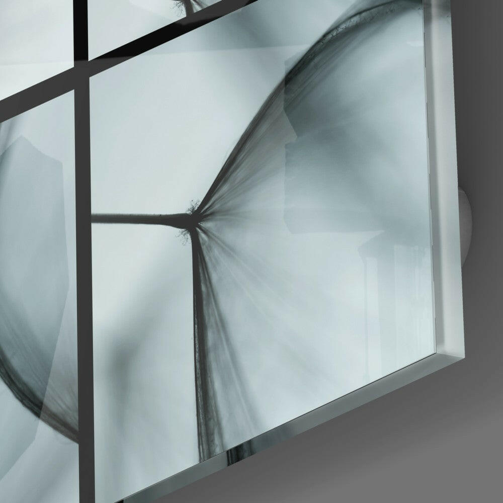Close-up detail of frosted glass panel with black metal frame showing dandelion seed head design against white background.